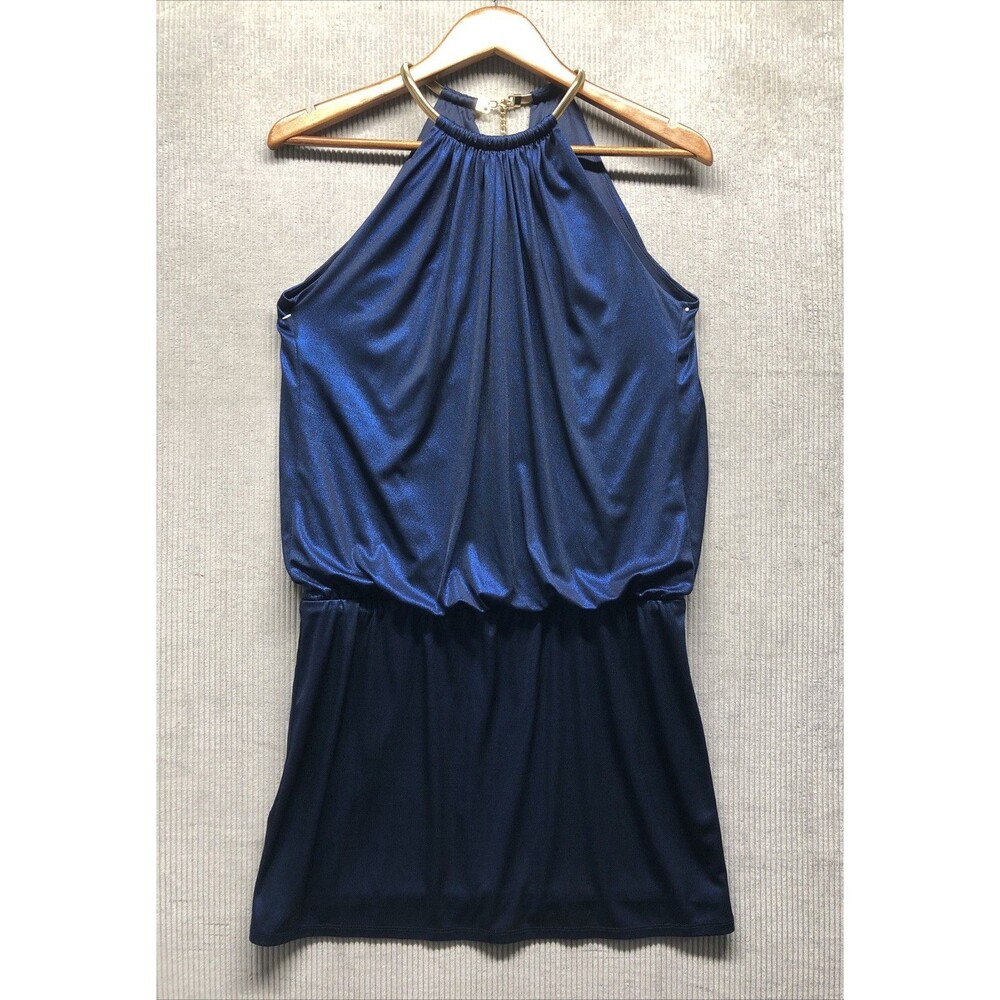 Jessica Simpson Dress Women 8 Metallic Blue Gold Chain Halter Cocktail Party
